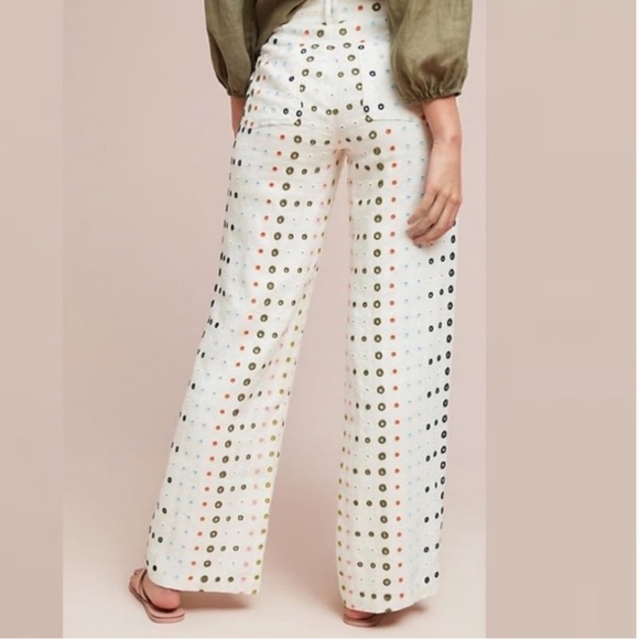 Anthropologie Ett:twa White Linen Colorful Eyelet Wide-Leg Trousers Pants Size 2 - Picture 3 of 10